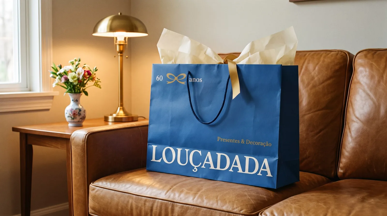 Sacola de papel azul da Louçadada pousada no piso de uma sala de estar, depois da entrega
